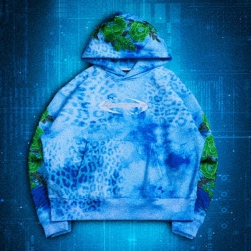 Cyber Evolution Rose Forever Hoodie in Blue Animal Print - M